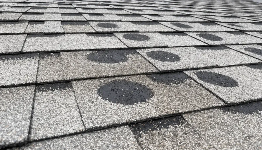 Round hail bruises on an asphalt shingle roof where the granules have been knocked off